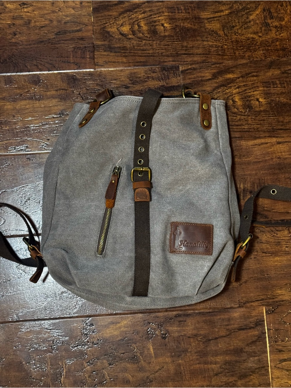 Hanalily Convertible Backpack Grey Canvas Leather Straps